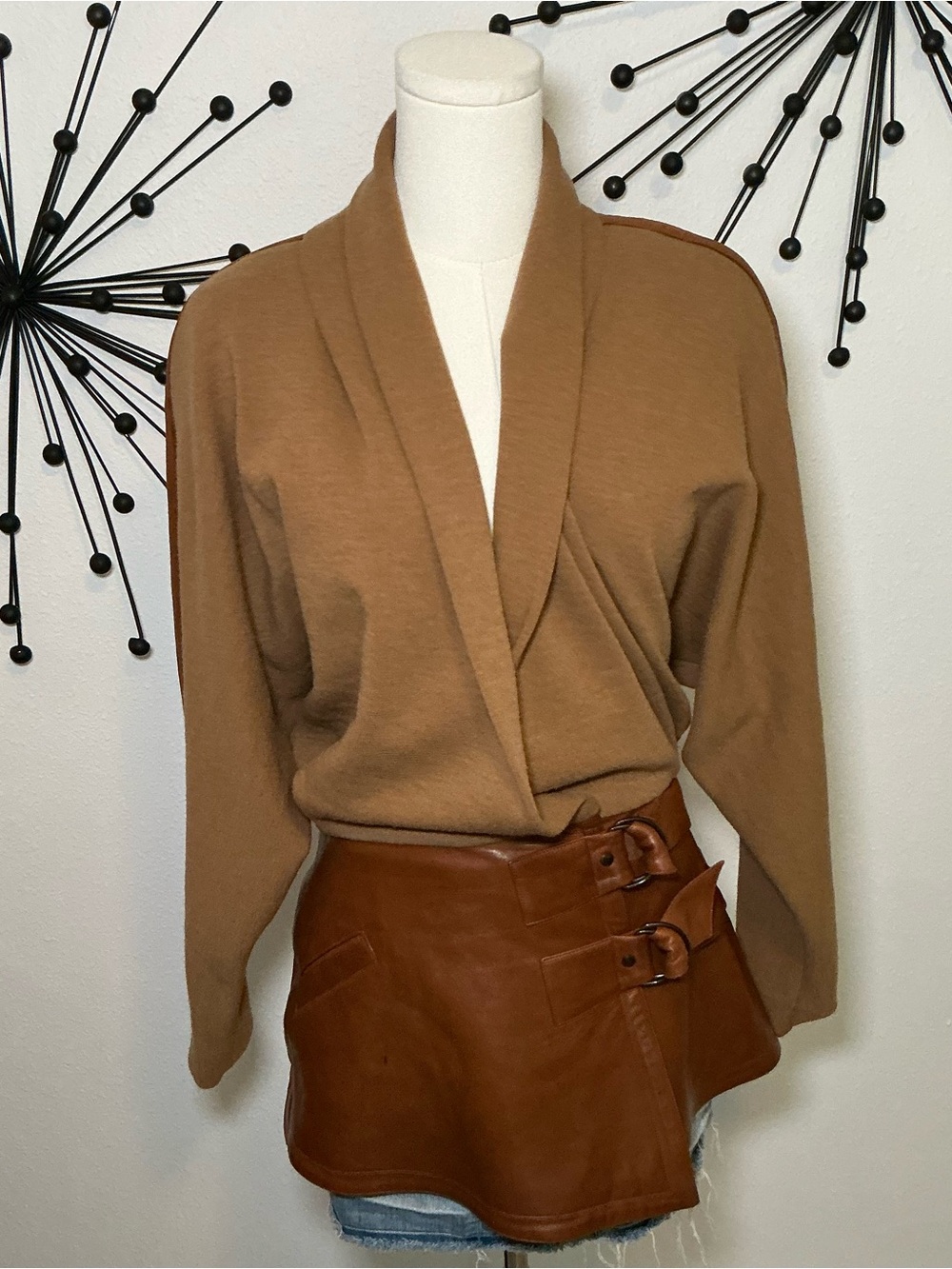 Cache Camel Wool Sweater Leather Wrap Belt Top Brown Small